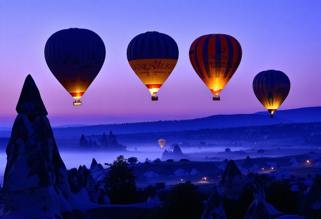 Hot-air balloons rising over Cappadocia fairy chimneys before sunrise