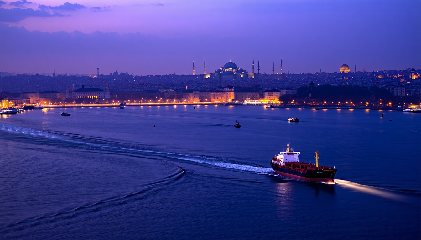 Istanbul and the Bosphorus at dusk, with mosque silhouettes in violet haze
